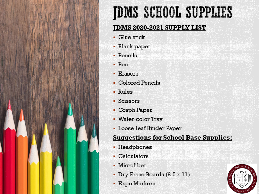 Janis Dismus Middle School Supply List 2020-2021