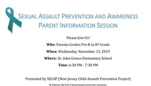 Sexual Assault Prevention and Awareness Parent Information Session: Parents Grades Pre-K to 8th- Wednesday, November 13, 2019