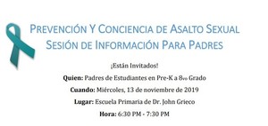 Sesión de información para padres sobre prevención y agresión sexual: Padres Grados Pre-K a 8 grado- Miércoles 13 de noviembre de 2019