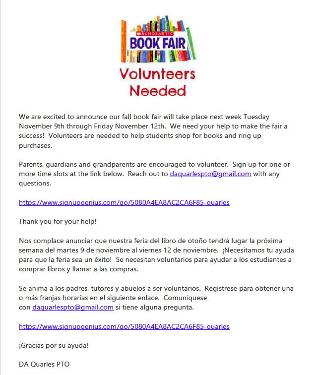 Volunteers needed for the Book Fair.
